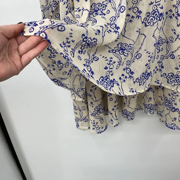 & Other Stories Ruffle Collar Cloud Print Mini Dress Women Sz 10 Tan Blue Tiered - Picture 4 of 15